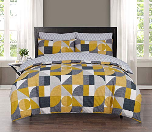 DTEX HOMES - Set di biancheria da letto in 100% cotone, copripiumino stampato reversibile, motivo geometrico senape e grigio - Singolo
