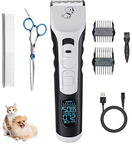 PJDDP Tondeuse Chien Chat Animaux Professionnelle Electrique Toilettage Animal Silencieux Rechargeable Electrique Tondeuse avec Écran LED Lames en Céramique Détachable pour Chien Chat Poil Long