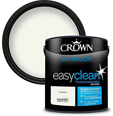 2.5L CROWN Easyclean Bathroom MID-SHEEN Emulsion Multi Surface Paint With MOULDGUARD+ That can be Used on Walls, Ceilings, Wood and Metal. Stain & Scrub Resistant Formula – Milk White