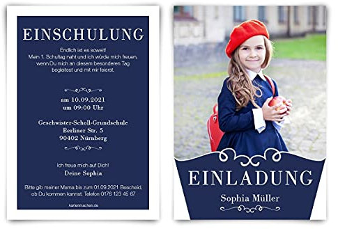 30 x Einschulung Einladungskarten - Text und Foto einfach individuell selbst gestalten DIN A6 für Mädchen und Jungen - Royal Blue