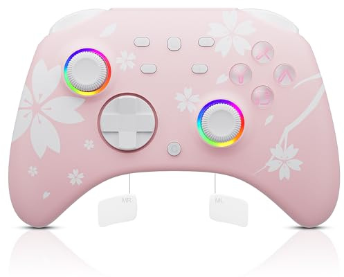 Mytrix Wireless Controller für Switch/Switch 2/Switch OLED, Switch Pro Controller mit Weckfunktion, Kopfhöreranschluss, Turbo, Bewegungskontrolle, Einstellbare Vibration, LED-Lichter, Sakura Rosa