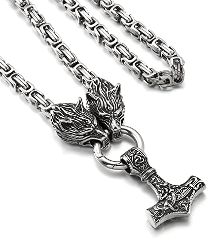 AFSTALR Wikinger Schmuck Herren Halskette Thors Hammer Halskette - Nordische Mythologie Mjolnir Wikinger Runen Hammer Edelstahl kette Viking Geschenke für Männer 50/60/70cm Silber/Schwarze/Gold