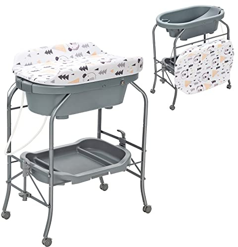 DREAMADE Table à Langer Bébé 4 en 1,Baignoire Bebe Pliable avec Support en Fer,4 Roues Universelles Verrouillables,Panier de Rangement,Commode à Langer Nourrisson 0-12 Mois,Charge 35 KG (Gris)