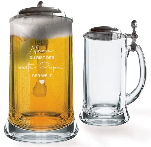 GRAVURMACHER® Bierkrug mit Zinndeckel und Gravur - Geburtstagsgeschenk zum Vatertag (Vatertag Motiv 08)