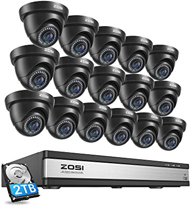ZOSI 1080p CCTV Kit Cámaras de Vigilancia Seguridad 16CH H.265+ Grabador DVR y 2TB Disco Duro con 16pcs 2MP Cámara Interior y Exterior, Visión Nocturna, Detección de Movimiento