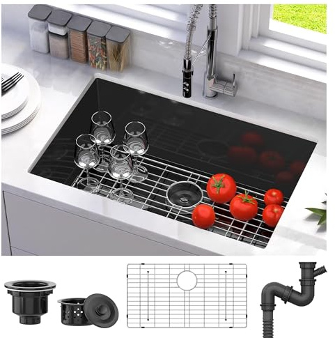 YITAHOME Black Kitchen Sink 30 x 18 x 9 Undermount Sink Single Bowl 16 Gauge Stainless Steel Nano Sink with Accessories for Workstation, Prep Kitchen, Bar Sink, MAYIHC4TQL