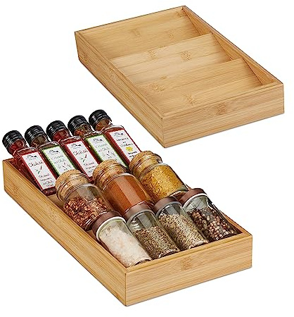 Relaxdays Gewürzregal für Schublade 2er Set, 3 Fächer, HBT: 5x20x38 cm, liegend, Bambus, Gewürz Schubladeneinsatz, Natur