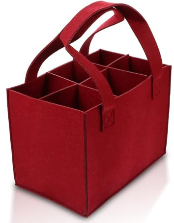 6 Bottle Wine Carrier with Divider Felt Wine Storage Tote Bag, Portable Reusable Wine Travel Bag with Handle for Christmas Travel Camping Picnic Party (Red)