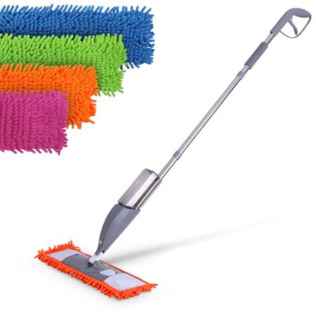 Set di spazzole per pavimenti con funzione spray, con 4 rivestimenti di ricambio – mocio a 360 gradi giunto per tutti gli angoli – Comfort detergente per pavimenti