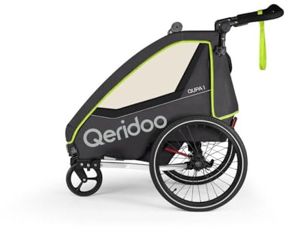 Qeridoo Fahrradanhänger QUPA 1 Lime mit Blattfederung, zusammenfaltbare Kabine, ausbaubare Rückbank, Buggy, Trailer, Höhenverstellbarer Schiebegriff, 5-Punkt Gurtsystem, für 1 Kind