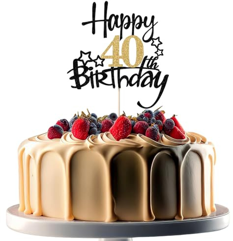 JEKUGOT 40th Birthday Cake Toppers, Black and Gold Glitter Cake Decorations, Happy 40th Birthday Cake Toppers for Men and Women Themed Party (1pcs)