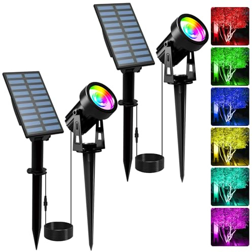 T-SUNUS Solar Gartenleuchte mehrfarbig, Gartenstrahler Solar RGB mit 6 Farbwechsel IP65 Wasserdicht, Solar Strahler Solarlampen farbig für Garten Baum Gartenweg Wand 2 Stück