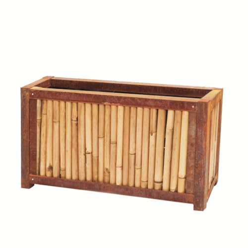 Hochwertiger Pflanzkübel aus Bambus und Cortenstahl, Hochbeet, Pflanzkasten (102 x 44 x 70cm)