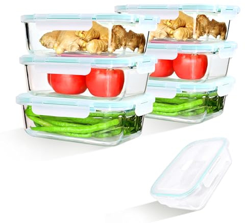 LNWSN Frischhaltedosen Glas mit Deckel 6er, 1520ml Hochtransparente Borosilikatglas Meal Prep Boxen Glas, Hohes Volumen Versiegelter Glasbehälter mit Deckel, Food Container für Profiköche und Bäcker