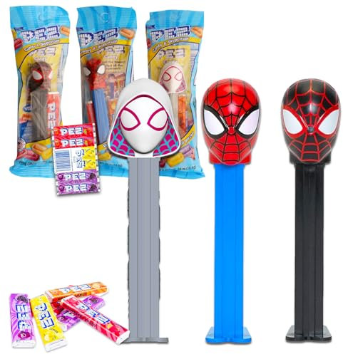 Lot de 4 distributeurs Spiderman PEZ – Lot de 3 distributeurs Pez avec pack de recharge Spiderman Plus PEZ | Distributeur de bonbons Marvel Spiderman PEZ et recharges de bonbons