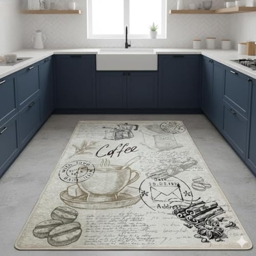 miqna Teppich Moderner Küchenteppich Gel Läufer Küchenläufer Grau Weiß Schwarz mit rutschfestem Bodenmuster mit Schriftzug Coffee Macchiato (Core, 100 x 200 cm)