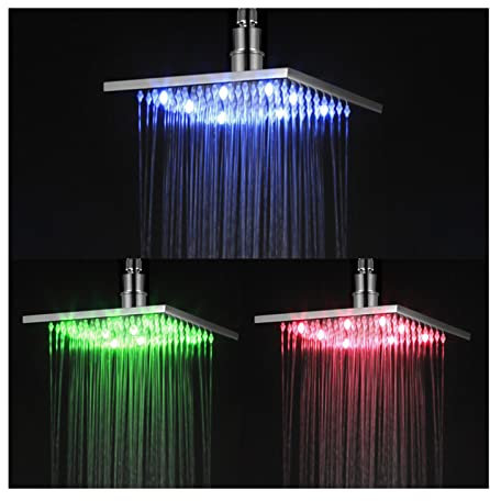 CLLBANT 8-Zoll-Regenduschkopf, LED-Regenduschkopf, quadratisch, Fester Hochdruckduschkopf, verstopfungssichere Silikondüsen, Temperatur, 3 Farbwechsel, Messing-Chrom-Finish