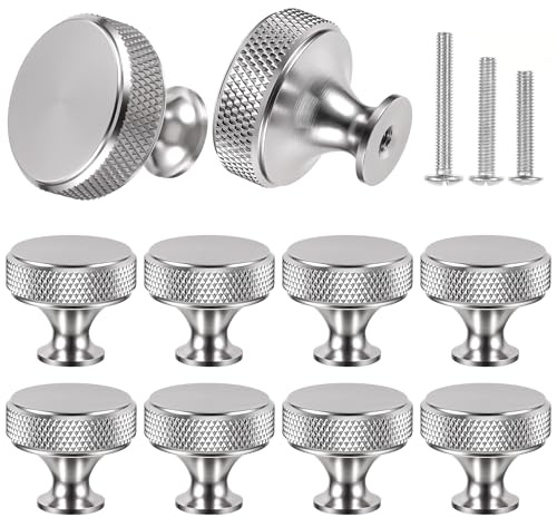 sdhiiolp 10Pcs Silver Door Knobs - 30 x 16 x 26 mm Knurled Drawer Knobs | Round Cupboard Knobs with Screws,Metal Wardrobe Knobs,Matte Silver Cabinet Knobs for Cupboards & Draws,Furniture,Doors