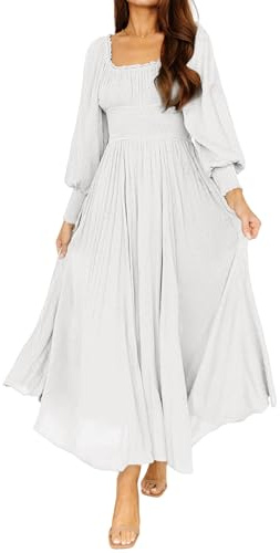 R.Vivimos Women's Square Neck Long Puff Sleeve Casual Maxi Dress Empire Waist Swiss Dots Long Peasant Dress
