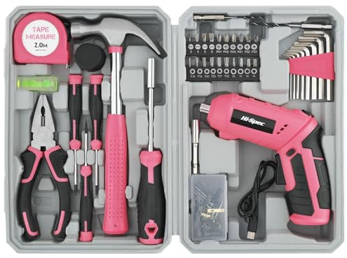 Hi-Spec 42Pcs 4V USB Cordless Electric Screwdriver and Home Tool Kit, Pink | Speeds Furniture Assembly, Comfortable Cordless Control, LED Work Light, USB Charging, Organized Storage