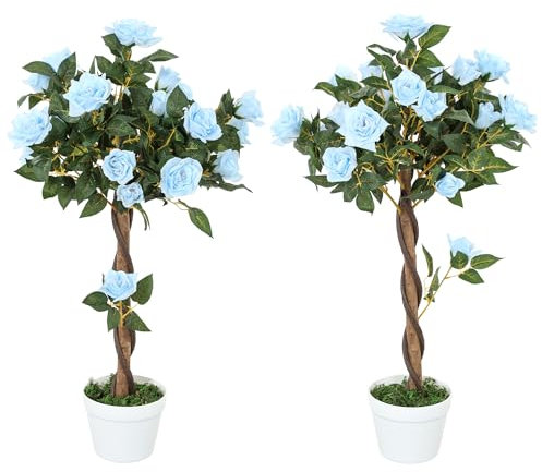 Outsunny Set of 2 90cm/3FT Artificial Rose Tree, Fake Decorative Plant with Pot, Indoor Faux Decoration Home Office Decor, Light Blue