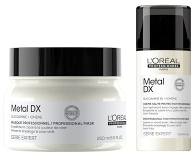 L'Oréal Professionnel Pflegeduo für alle Haartypen, beugt Haarbruch & Farbveränderungen vor, Anti-Frizz, Hitzeschutz, Mit Glicoamin, Serie Expert, Metal DX Haarmaske & Leave-In Cream