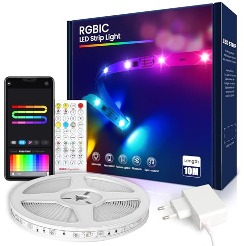 VKH LED Strip 10m, Upgrade RGB-IC LED Streifen mit App, Segmentcontrol, Farbwechsel, Musik Sync, LED Lichterkette für Party, Zuhause, Schlafzimmer, Gaming, Küche Deko