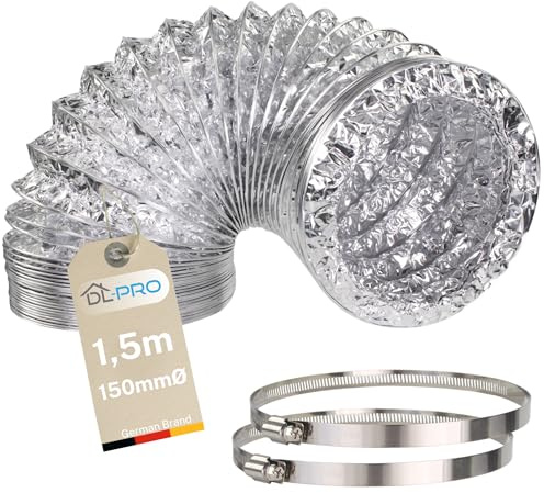 DL-pro 1,5m Abluftschlauch Ø 150 mm, Aluminium, temperaturbeständig, flexibel, 2 Edelstahl-Schellen 141–165 mm, 150er Lüftungsschlauch für Dunstabzugshaube, Trockner & Klimaanlage
