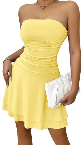 Ausing Abito Aderente con Spalle Scoperte Donna Sexy Vestito Discoteca Corto Abiti Party Cocktail Elegante Mini Tubino Senza Spalline Maniche Schienale Abito Increspato Attillato Bodycon Sera Giallo S