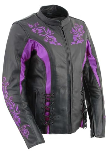 Milwaukee Leather LKL27002 Women's Premium Black and Purple Leather Embroidered Jacket with CE Armor Protection - Large