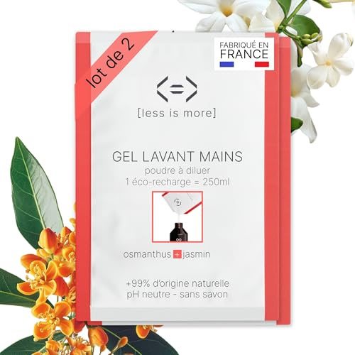 Less is More, Savon Liquide Mains en Poudre à Diluer Osmanthus/Jasmin, sans SLS, Hydratant, 2 Recharges Ecologiques sans Plastique, 500 ml à Reconstituer, Made in France Gel Lavant Main Ecoresponsable