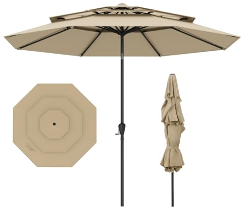 COSTWAY Sombrilla Terreza Exterior Inclinable Ø3m de 3 Niveles, Sombrilla de Patio Grande con Botón de Inclinación, Manivela, 8 Costillas, Parasol Exterior para Jardín Piscina (Beige Oscuro, sin Luz)