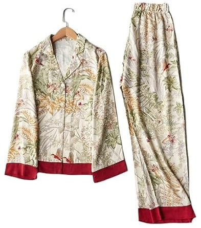 BANGHA Pijamas de Mujer de Seda,Pijama de Seda Conjunto de Pijama Informal de Primavera for Mujer, de satén, de Manga Larga, con Estampado de Hierba Verde, Ropa de Dormir con Cuello Vuelto(X-Larege)