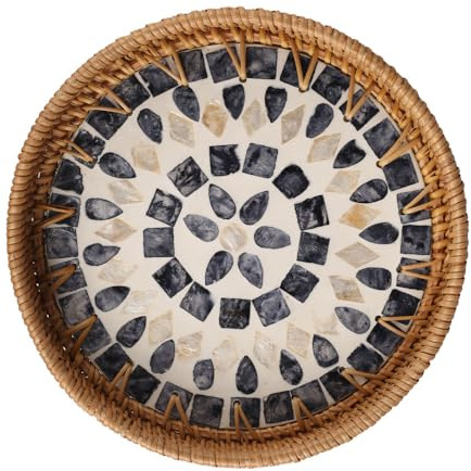 MiOYOOW Plateau de Service Rond en Rotin, Assiette de Service Rond, Panier de Service Tressé avec Mosaïque de Coquillages, Décoratif et Artistique forme Bohème Panier de Service Tressé Fruits/Pain