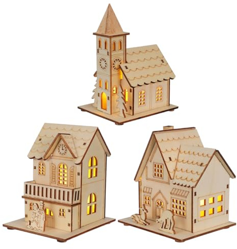 BESPORTBLE 3 Stück Weihnachtsdorfhäuser aus Holz, Hellbraune Mini-led-leuchtdekorationen, Weihnachts-Desktop-Ornament für Die Weihnachtsdekoration