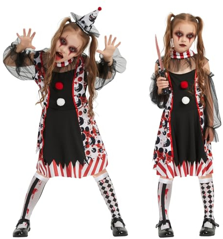 HERMORRYSS Costume da Clown Bambina, Vestito Clown Horror, Costume Clown con Bretelle Bianche e Nere, Abito Clown Bambino con Fermagli e Calzini per Giochi di Ruolo, Halloween (Modello B, XL)