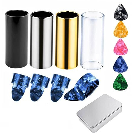 HONITANO 21 Stück Teiliges Gitarrenfingerstall Set mit Aufbewahrungsbox Metall und Gitarrenschieber Silikonfinger Picks für Akustik und Bassgitarre Leicht und Tragbar