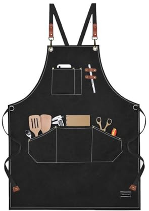 ZGHQHCDRH Delantal de trabajo para hombre con múltiples bolsillos, lona de algodón con parte trasera cruzada, resistente, delantal ajustable para cocina, jardín, cafetería (negro)