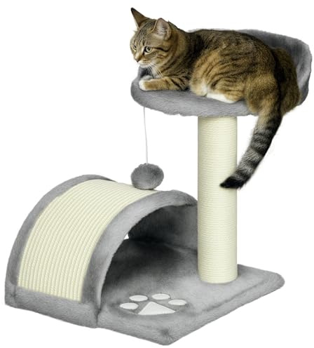 PawHut Kratzbaum 46 cm Kleiner Katzenturm mit Höhle, Spielball Grau | Sisal-Seil, Erhöhte Plattform, Katzenkratzbaum, Klein Kletterbaum, für Katzen bis zu 4 kg
