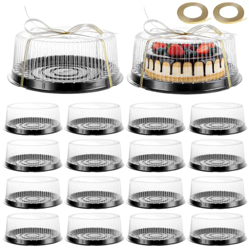 WENLISELL 20 PCS 8 Inch Plastic Round Cheesecake Packaging Box with Ribbon | Clear Cake Containers with Lids, Black Base, Cheesecake Storage Box for Desserts, Pastries