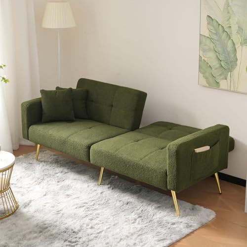 KOMHTOM Canapé-lit avec Dossier Réglable en 3 Positions, Canapé 2 Places élégant avec 2 Coussins et Fonction Sommeil, pour Salon, Chambres à Coucher (Vert Antique-1)