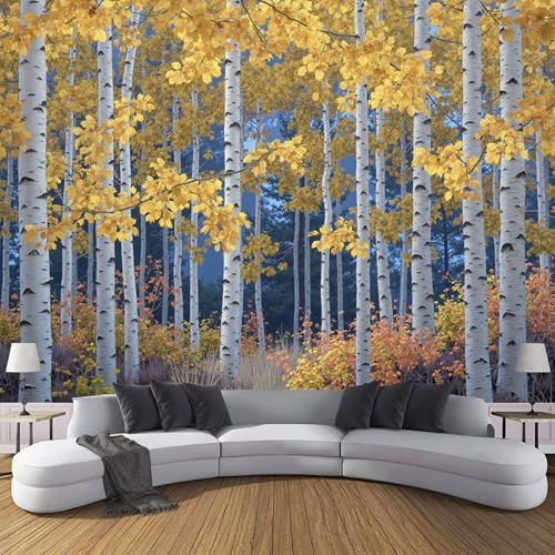 DLERFLOVR Papel Pintado Panorámico Bosque De Álamos 350x250cm Fotomurales Bosque De Otoño XXL Papel Tapiz Seda Decoración De Pared para Comedores, Salones, Habitaciones, Amarillo Dorado