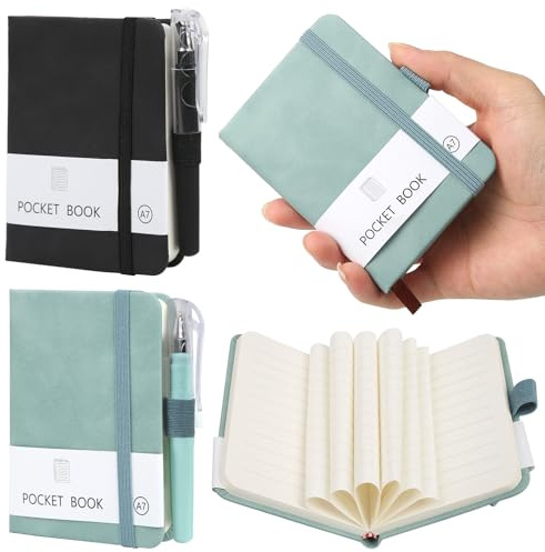 2 Stück Notizbuch Klein, mit 2 Stift, 200 Seiten, Hardcover Notizblock A7 | 11 x 8 cm, mit Elastischem Verschlussband, Stifthalter, Mini Notizbuch, für Schule, Arbeit, Reisen