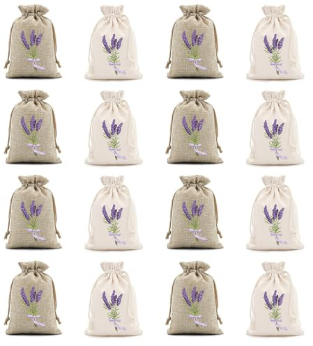 16 Pcs Empty Lavender Sachets, Lavender Bags, Drawstring Fabric Pouches for Aromatherapy, Jute Fabric Drawstring Pouches for Wardrobes Drawers and Moths (10 x 15 cm)
