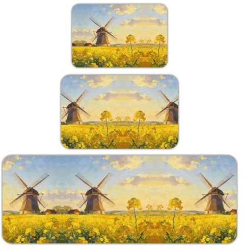 Rapeseed Flower Field Waterproof Kitchen Mats - Non-Slip Kitchen Mat 3-Piece Set with Anti-Fatigue Cushioning, Durable - Washable