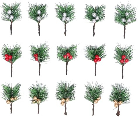 NUMNBE 15 pezzi di bacche di agrifoglio di Natale aghi di pino bacche di pino artificiali rosse argento dorate per decorazioni natalizie