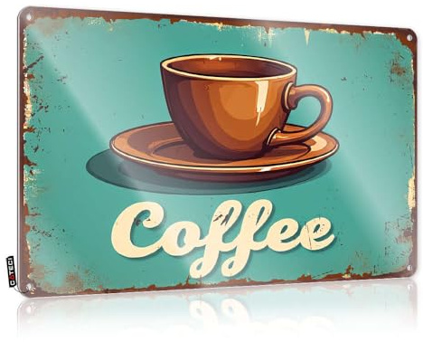 FZFN Un'illustrazione in stile vintage di una tazza di caffè su un piattino shabby chic cool Wall Art | Decorazione da parete in stile vintage con gatti dolce pub facile da appendere (20 x 30 cm)