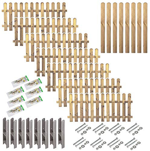 Komplett-Set Garten-Zaun/Vorgarten-Zäune Gut & Günstig 7 Zaunelemente (180 x 80 cm (Breite x Höhe)) // ca. 13.2 lfd. Meter // + 8 Zaun-pfeiler mit Rundkopf im Maß 9 x 9 x 95 cm + Montagematerial