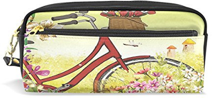 Eslifey Tragbare Tasche Romantische Sommer Wandern Rot Fahrrad PU Leder Schulstifteetui Stifteetui Federmäppchen Wasserdicht Kosmetik Tasche Makeup Beauty Case
