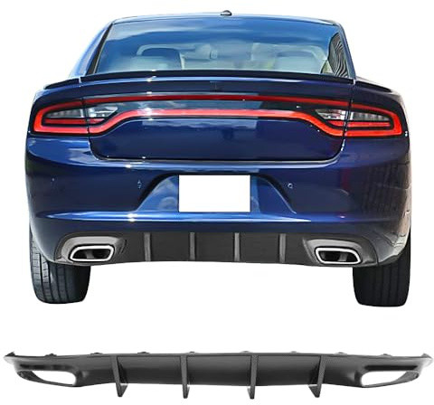 IKON MOTORSPORTS Rear Diffuser Compatible with 2015-2023 Dodge Charger Base SXT V2 Style Carbon Fiber Print PP Shark Fin Rear Bumper Valance Spoiler Air Dam Chin Splitter Molding
